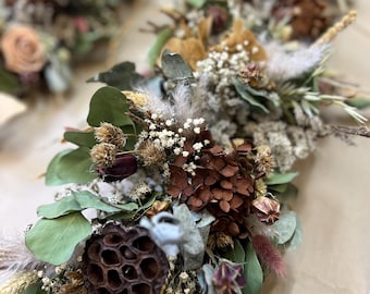Dried Flower Garland: Rustic Wedding Table Centerpiece, Eucalyptus Hydrangea and Rose, caramel brown taupe