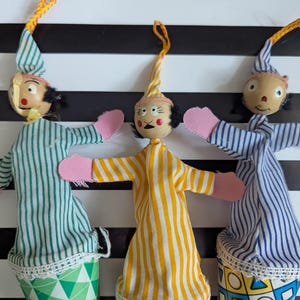 Vintage Clown Puppets from Daysela&#39;s Small Little Shop of Strange and Unusual. Cone Puppets. 1980s Puppet Toys. Wood Handled Up and Down Toy