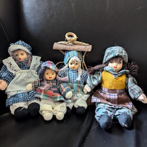 Lot of 4 Vintage Ragdolls from Daysela&#39;s Small Little Shop of Strange and Unusual. Q-Tee Clown companion Dolls. Shelf Sitter Ragdolls.