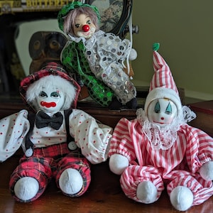 Clown Lot Of 3 from Daysela's Collection. Vintage Clown Marionette. Vintage Q-Tee Clowns. Hubbao Clowns. Taiwanese Clowns. Sandbag Clowns