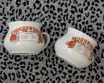 Tazones de sopa con recetas antiguas: tazas de sopa de champiñones y pollo - Juego de cerámica de los años 90