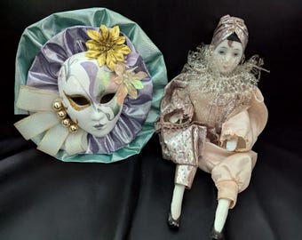 Fancy Pastel Pierrot Clown Set from Daysela&#39;s Small Little Shop of Strange and Unusual. 1980s Crying Clown. 1980s Hanging Clown Mask.