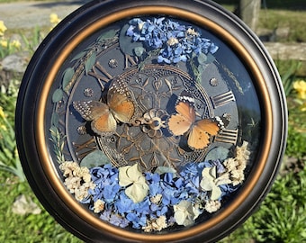 Butterfly Clock Shadow Box | Dried Flowers, Gothic Decor, Dark Academia Wall Art