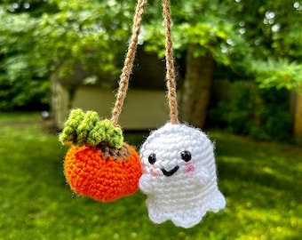 Crochet Ghost & Pumpkin Rear View Mirror Hanging Car Charm Handmade Cute Halloween Fall Spooky Season Ornament Amigurumi FREE SHIPPING