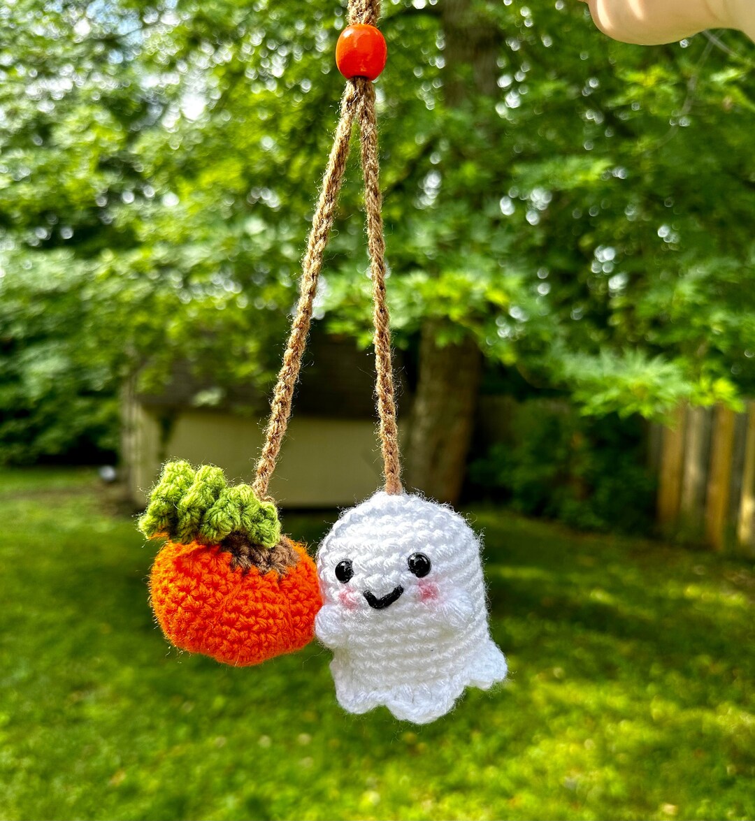 Crochet Ghost & Pumpkin Rear View Mirror Hanging Car Charm