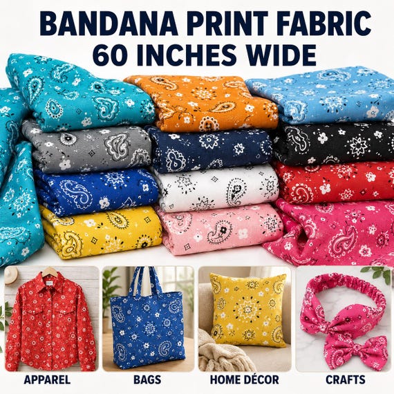 Bandana Print Poly Cotton Fabric – 58" Wide, Soft & Breathable Material – Durable and Wrinkle-Resistant for Crafts, Apparel and DIY Projects