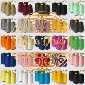 May include: A variety of 4-packs of thread spools in different colors, including beige, red, dark brown, black, light green, gray, purple, orange, white, navy blue, pink, burgundy, light pink, yellow, silver, blue, and black. The spools are arranged in a circular pattern with the text "Sedona Designz" in the center.