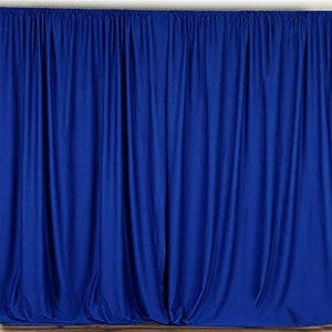May include: Royal blue backdrop curtain with a smooth, wrinkle-free finish. The curtain is made of a high-quality fabric and is perfect for creating a professional and elegant look for any event.