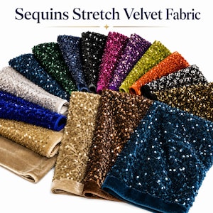 May include: A collection of Sequins Stretch Velvet Fabric swatches arranged in a fan shape. The fabric pieces feature various colors including gold, silver, blue, green, black, purple, yellow, orange, and brown, all covered in reflective sequins.