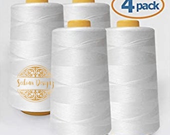 4 PACK of 6000 Yard (each) Spools WHITE Sewing Thread All Purpose 100% Spun Polyester Overlock Cone