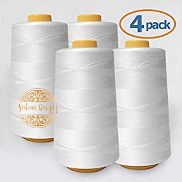 4 PACK of 6000 Yard (each) Spools WHITE Sewing Thread All Purpose 100% Spun Polyester Overlock Cone