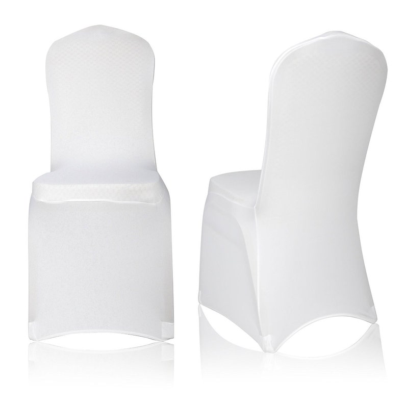 May include: Two white chair covers. The covers are made of a smooth, stretchy fabric and are designed to fit over standard chairs. The covers have a diamond pattern on the back and seat. The chairs are shown from the front and side.