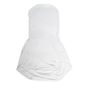 May include: A white chair cover with a hood, designed to fit over a chair. The cover is made of a smooth, opaque fabric and features Velcro fastenings at the bottom. The chair cover is designed to protect the chair.