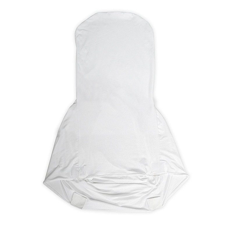 May include: A white chair cover with a hood, designed to fit over a chair. The cover is made of a smooth, opaque fabric and features Velcro fastenings at the bottom. The chair cover is designed to protect the chair.