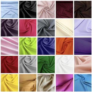 May include: A grid of fabric swatches in various colors, including black, pink, blue, green, and yellow. Each swatch is swirled to show the texture and drape of the material. The fabrics appear to be smooth and lightweight.