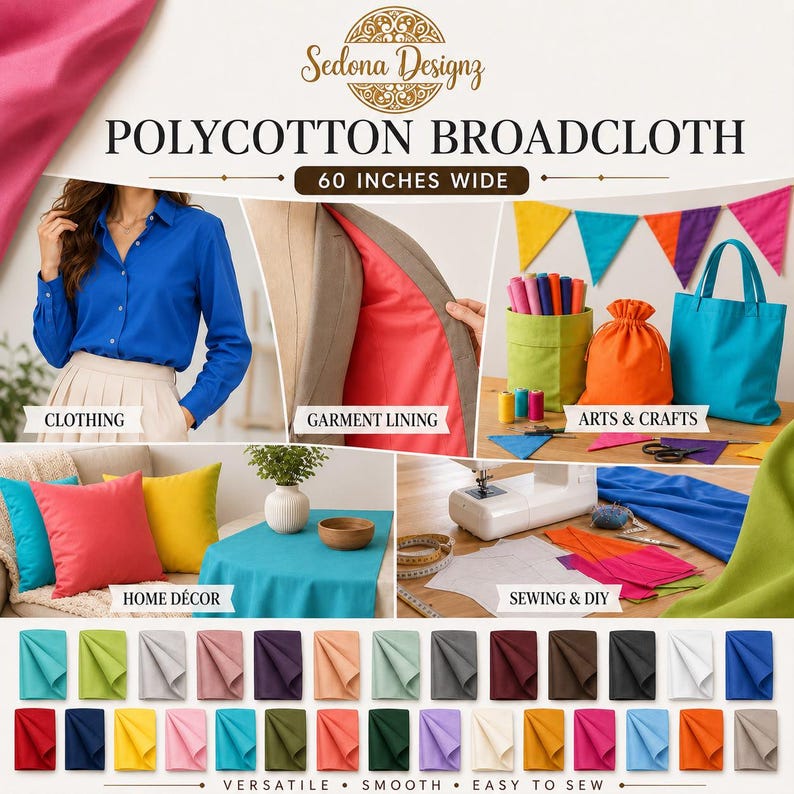 May include: A display of polycotton broadcloth fabric, 60 inches wide, featuring various applications including a blue button-down shirt, a lined jacket, colorful bunting, a tote bag, throw pillows, and sewing supplies with many color swatches.