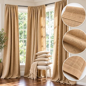 May include: Floor-length tan burlap curtains with a coarse, woven texture hanging on a black rod. Three circular insets show close-up views of the fabric weave, the folded material, and the hemmed edge of the light brown, natural fiber drapes.
