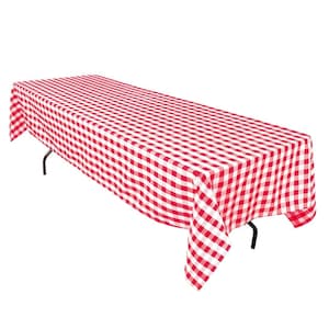 May include: Red and white checkered tablecloth. The tablecloth is made of a woven fabric and has a classic gingham pattern.