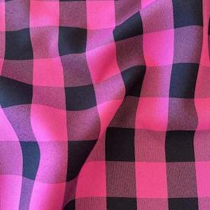 60" Wide Checkered Gingham Buffalo Check Polyester Poplin Fabric for Table Linens, Decor, DIY Projects - Fuchsia and Black