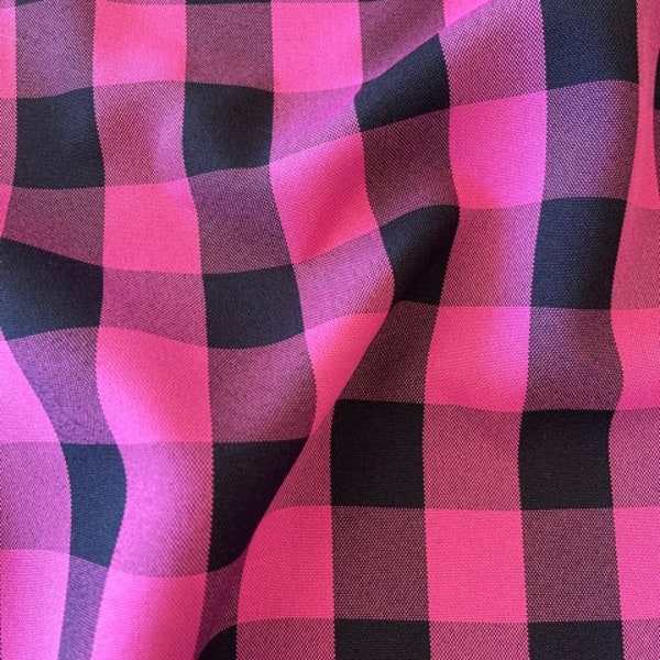 60" Wide Checkered Gingham Buffalo Check Polyester Poplin Fabric for Table Linens, Decor, DIY Projects - Fuchsia and Black