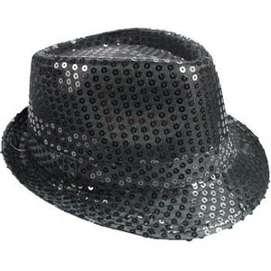 May include: A black fedora hat with silver sequins. The hat has a wide brim and a flat crown.