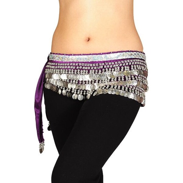 PURPLE/SILVER Heavy Velvet Multi Row Belly Dance Hip Scarf Coin Sash - 258 Coins