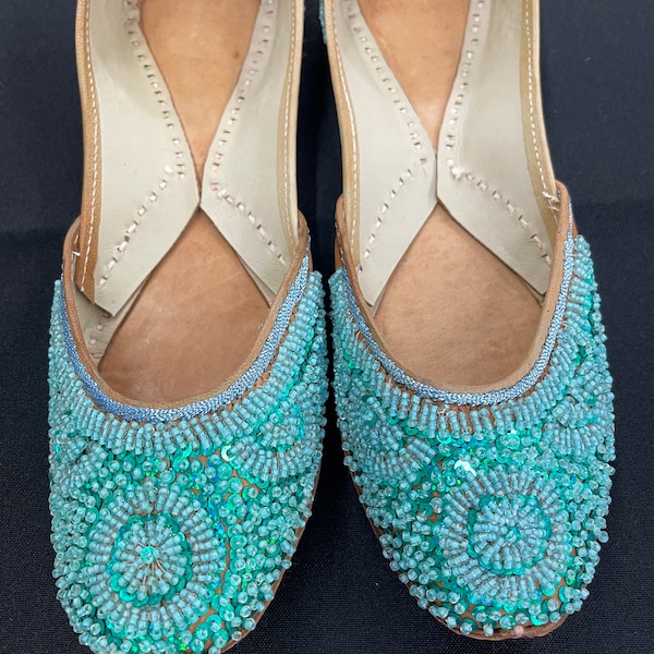 Punjabi Jutti/Indian Ethnic Beaded Shoes/Jutti/Khussa/Mojari/Ballet/Ballerina/Bridesmaid Shoes, Sandals - TEAL GREEN SIZE 10