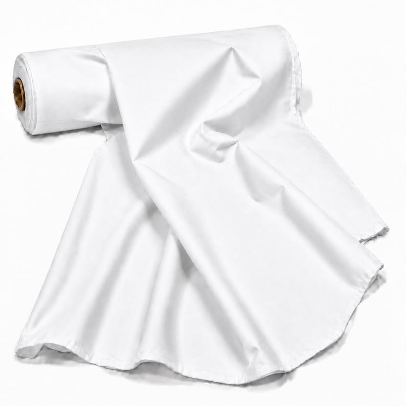 May include: A large roll of solid white fabric featuring a smooth, opaque texture. The material is tightly wound around a cylindrical core on one end, while the remaining length of the textile cascades downward in soft, flowing folds.