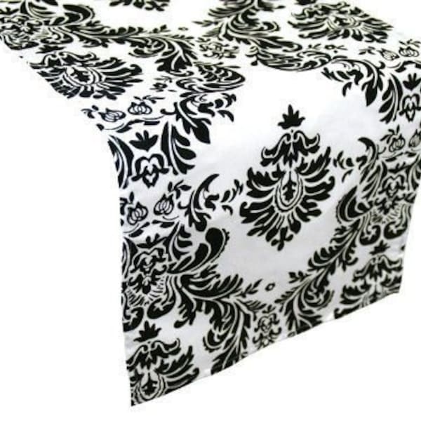 Damask Table Runner 12" x 108" 3D Black White Flocking Flocked Velvet - USA Made