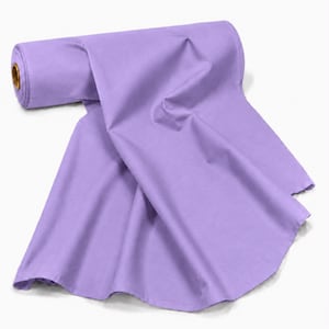 May include: A bolt of solid light purple fabric rolled onto a cylindrical cardboard core. The fabric is draped outward, showcasing a smooth, matte texture and a consistent, vibrant lavender hue across the entire length of the textile material.
