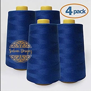 May include: Four spools of blue sewing thread, each with a yellow top, labeled "Sedona Designz". The spools are arranged in a row, with the label facing the viewer. The image includes the text "4 pack".