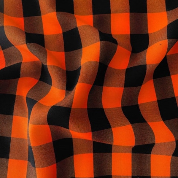 60" Wide Checkered Gingham Buffalo Check Polyester Poplin Fabric for Table Linens, Decor, DIY Projects - Orange and Black