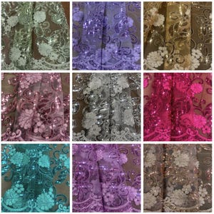48"/50" Wide Corded Queen Floral Lace Fabric with Sequins – Mesh Embroidered Prom & Bridal Fabric with Scalloped Edges, Elegant for Gowns