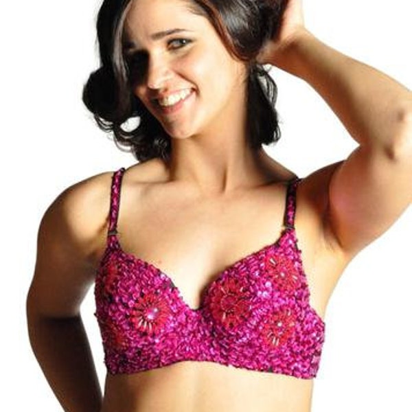 FUSCHIA/HOT PINK Women's Sparkly Sequins Flower Belly Dance Bra Crop Tops Rave Dancing Costume Club Wear