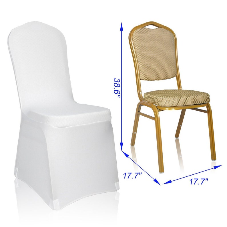 May include: Two chairs are shown. One is covered in a white fabric, and the other is a gold-framed chair with a tan seat and back. The gold chair is 98 cm tall and 45 cm wide and deep.