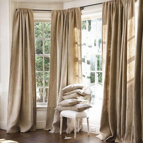 100 % Natural Jute Burlap Panel Drape Backdrop Window Curtains - 2 pc Set Made in USA