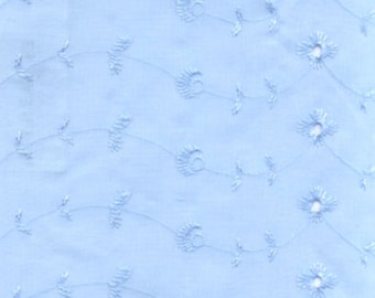 May include: Light blue fabric with a delicate embroidered pattern of small flowers and leaves. The fabric has a subtle sheen and a soft, airy feel.