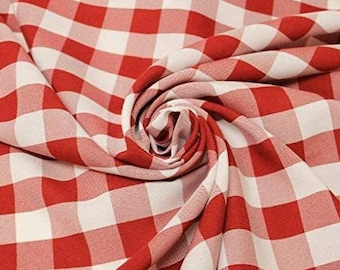 Red and White 1" Checkered Gingham PolyPoplin Fabric by the Yard