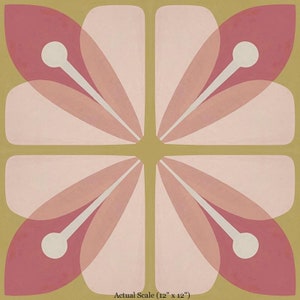 May include: A 30.5 cm square tile with a geometric pattern of overlapping pink and white flower shapes on a mustard yellow background. Actual Scale (30.5 cm x 30.5 cm).