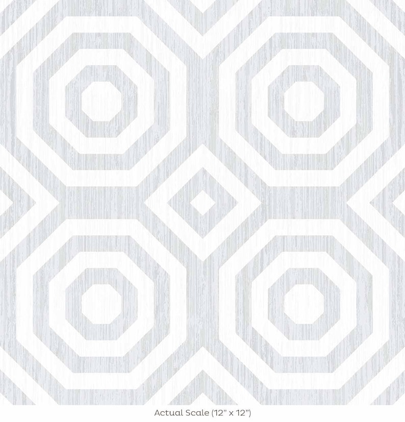May include: White and light gray geometric pattern wallpaper with a repeating octagon design. The wallpaper has a subtle wood grain texture. Actual Scale (12" x 12").