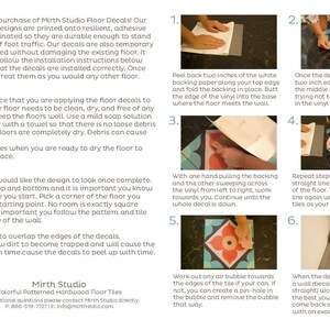 May include: Instructions for installing peel and stick floor tiles. The instructions include images showing how to peel back the backing paper, place the tile, and smooth out air bubbles. The text includes tips for preparing the floor surface and visualizing the design.