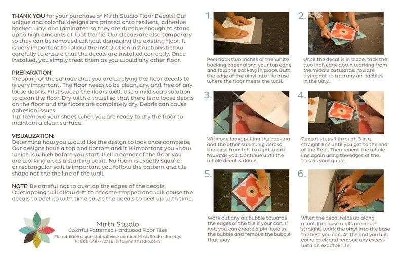 May include: Instructions for installing peel and stick floor tiles. The instructions include images showing how to peel back the backing paper, place the tile, and smooth out air bubbles. The text includes tips for preparing the floor surface and visualizing the design.