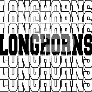 Peut inclure: Conception graphique en noir et blanc avec le mot "Longhorns" en lettres grasses et en blocs. Le mot est répété plusieurs fois dans un effet de superposition, chaque couche étant légèrement décalée par rapport à la précédente.