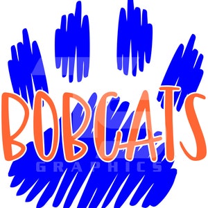 Pode incluir: Impressão de pata azul com a palavra "BOBCATS" em letras laranja.