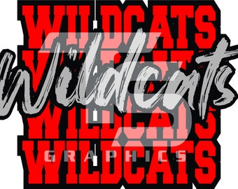 Könnte beinhalten: Grafikdesign mit dem Wort "WILDCATS" in fetter, roter Blockschrift, überlagert mit einem kursiven, grau-weißen "Wildcats"-Text. Das Wort "GRAPHICS" ist ebenfalls sichtbar.