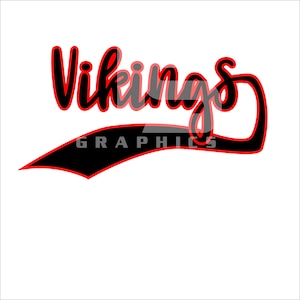 Può includere: Grafica nera e rossa con la parola "Vikings" in un font stilizzato. La parola è contornata di rosso e ha una linea curva nera sottostante.