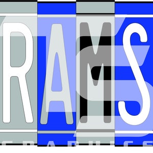 May include: A blue and white license plate with the word "RAMS" in white letters.