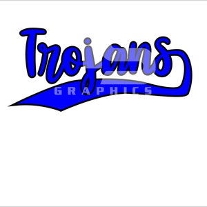 May include: Blue and black graphic design with the word "Trojans" in a stylized font. The word is arched over a blue and black curved line.