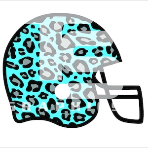 Könnte beinhalten: Ein blauer und schwarzer Footballhelm mit Leopardenmuster.