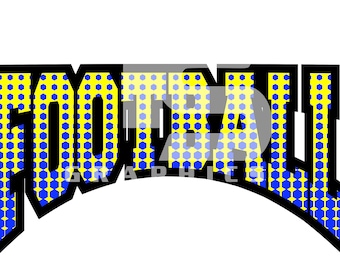 May include: A graphic design featuring the word "FOOTBALL" in bold, stylized lettering. The letters are outlined in black, filled with yellow and blue hexagonal patterns, and set against a white background. The word "GRAPHICS" is below.